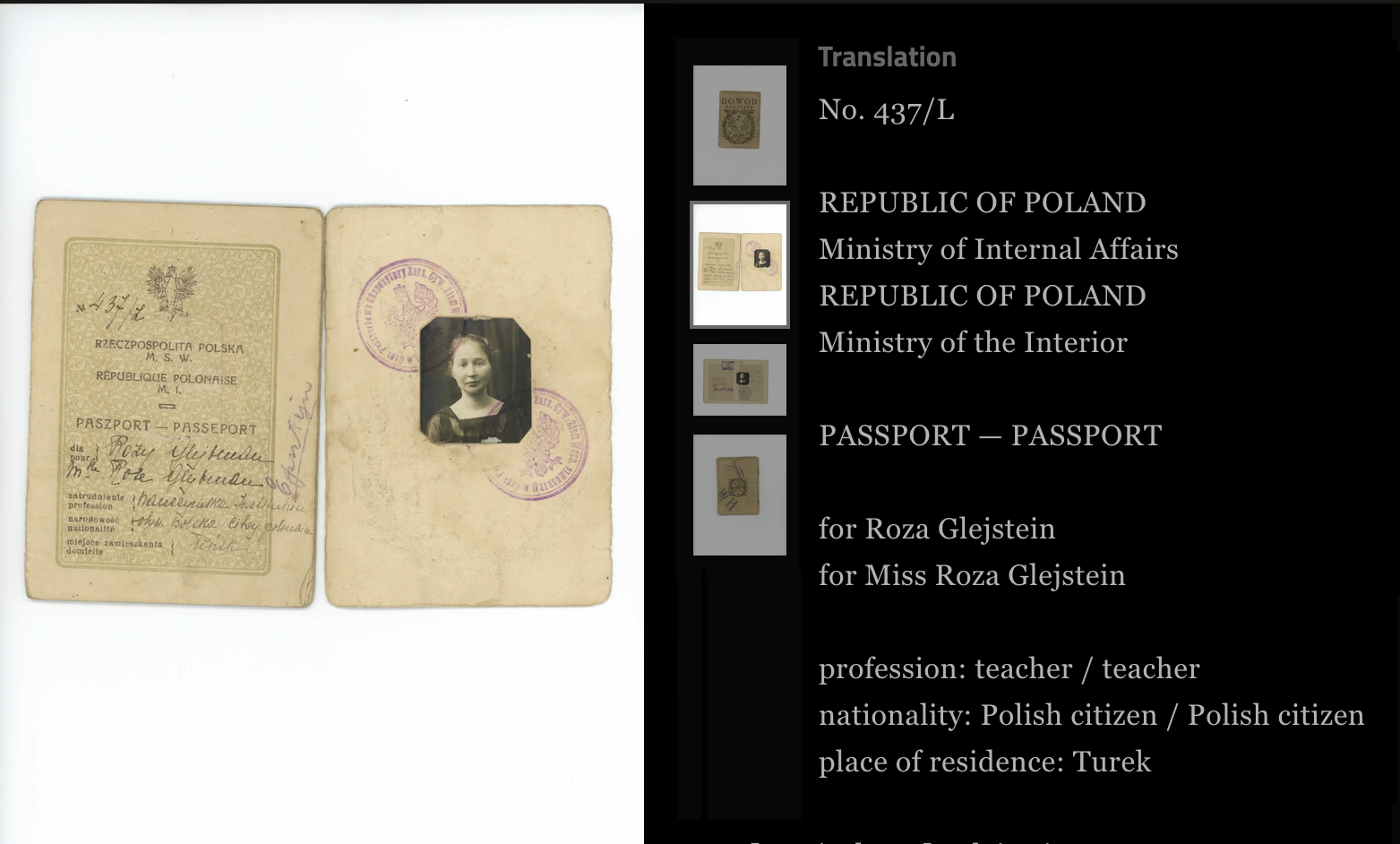Transcription interface showing cursive text and English translation