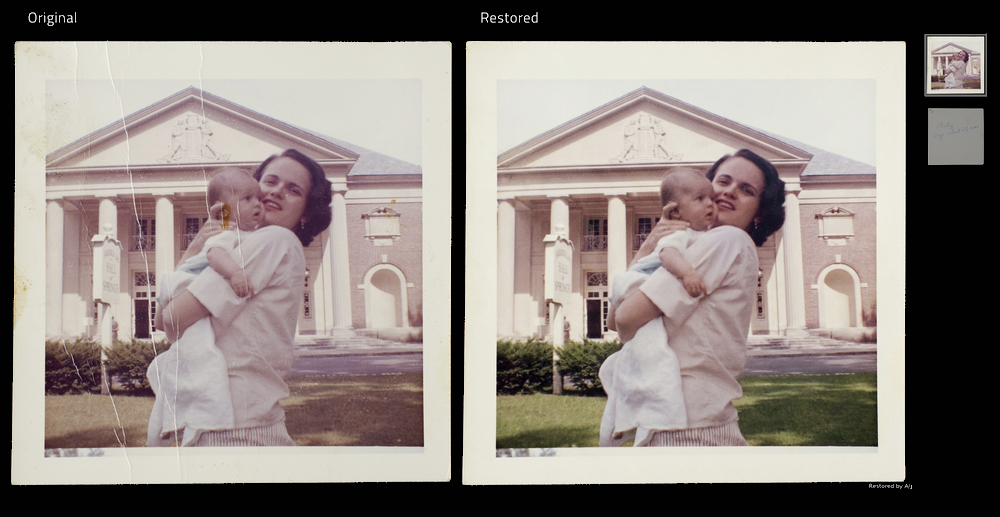 Before and after restoration of a damaged photograph